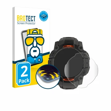 Front side of a product packaging with the brand logo BROTECT. Next to it is the device Garmin Instinct 3 Solar (45 mm) shown 