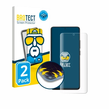 Front side of a product packaging with the brand logo BROTECT. Next to it is the device Xiaomi Poco X7 Pro shown with the corr