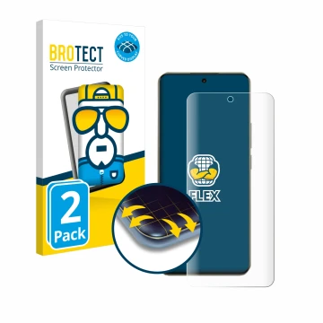 Front side of a product packaging with the brand logo BROTECT. Next to it is the device realme 14 Pro Plus shown with the corr