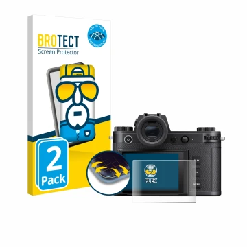 Front side of a product packaging with the brand logo BROTECT. Next to it is the device Leica SL3-S shown with the correspondi