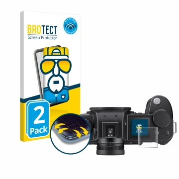 Front side of a product packaging with the brand logo BROTECT. Next to it is the device Leica SL3-S (top plate display) shown 