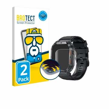 Front side of a product packaging with the brand logo BROTECT. Next to it is the device bedee Smartwatch 1.96