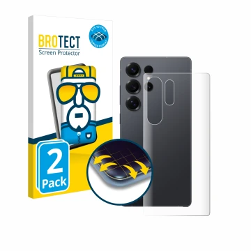 Front side of a product packaging with the brand logo BROTECT. Next to it is the device Samsung Galaxy S25 Ultra (Back) shown 
