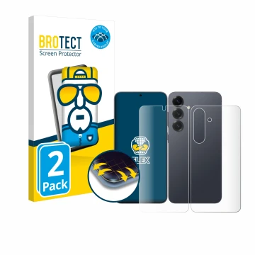 Front side of a product packaging with the brand logo BROTECT. Next to it is the device Samsung Galaxy S25 (Front+Back) shown 