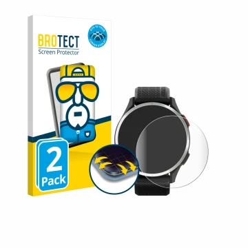Front side of a product packaging with the brand logo BROTECT. Next to it is the device Garmin Approach S44 shown with the cor