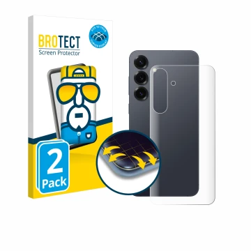 Front side of a product packaging with the brand logo BROTECT. Next to it is the device Samsung Galaxy S25 Plus (Back) shown w