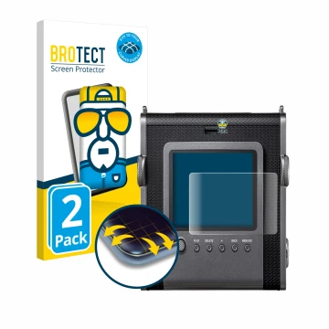 Front side of a product packaging with the brand logo BROTECT. Next to it is the device Fujifilm Instax Wide Evo shown with th