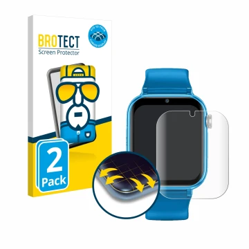 Front side of a product packaging with the brand logo BROTECT. Next to it is the device Maxcom FW59 Kiddo 4G shown with the co