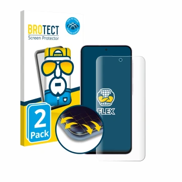 Front side of a product packaging with the brand logo BROTECT. Next to it is the device Samsung Galaxy A56 5G shown with the c