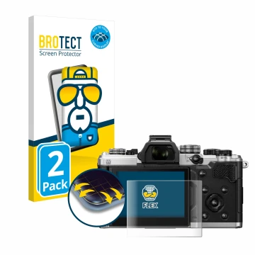 Front side of a product packaging with the brand logo BROTECT. Next to it is the device OM System OM-3 shown with the correspo