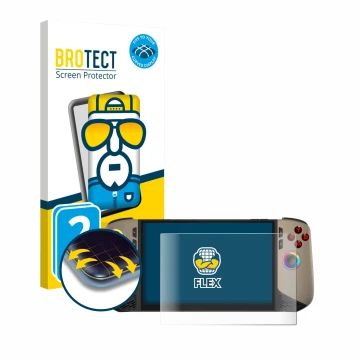 Front side of a product packaging with the brand logo BROTECT. Next to it is the device MSI Claw 8 AI+ shown with the correspo