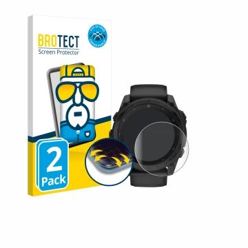 Front side of a product packaging with the brand logo BROTECT. Next to it is the device Garmin Tactix 8 AMOLED (51 mm) shown w