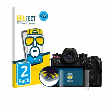 Front side of a product packaging with the brand logo BROTECT. Next to it is the device Panasonic Lumix S1R II shown with the 