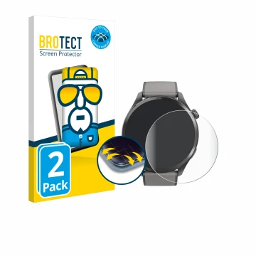 Front side of a product packaging with the brand logo BROTECT. Next to it is the device Hama Smartwatch 9000 shown with the co