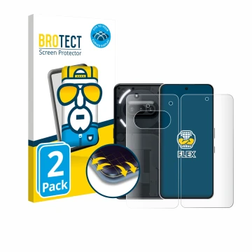 Front side of a product packaging with the brand logo BROTECT. Next to it is the device Nothing Phone (3a) (Front+Back) shown 