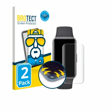 Front side of a product packaging with the brand logo BROTECT. Next to it is the device Huawei Band 10 shown with the correspo