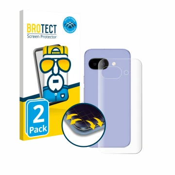 Front side of a product packaging with the brand logo BROTECT. Next to it is the device Google Pixel 9a (Back) shown with the 