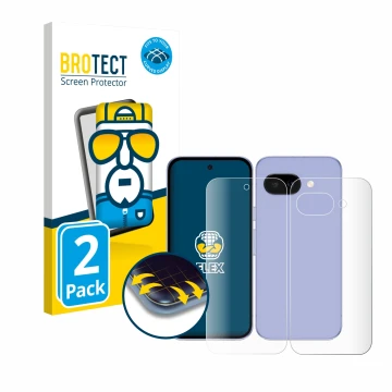 Front side of a product packaging with the brand logo BROTECT. Next to it is the device Google Pixel 9a (Front+Back) shown wit