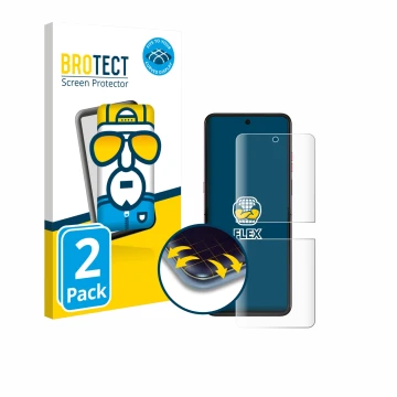 Front side of a product packaging with the brand logo BROTECT. Next to it is the device Motorola Razr 60 Ultra shown with the 