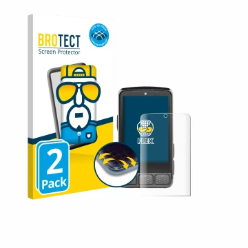 Front side of a product packaging with the brand logo BROTECT. Next to it is the device Wahoo Elemnt Roam V3 shown with the co