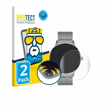 Front side of a product packaging with the brand logo BROTECT. Next to it is the device Pireware Slim Smartwatch shown with th