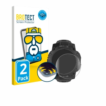 Front side of a product packaging with the brand logo BROTECT. Next to it is the device Garmin Instinct 3 Solar Tactical Editi