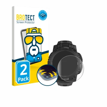 Front side of a product packaging with the brand logo BROTECT. Next to it is the device Garmin Instinct 3 Solar Tactical Editi