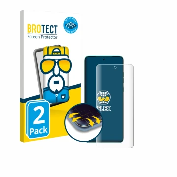 Front side of a product packaging with the brand logo BROTECT. Next to it is the device Motorola Edge 60 S shown with the corr