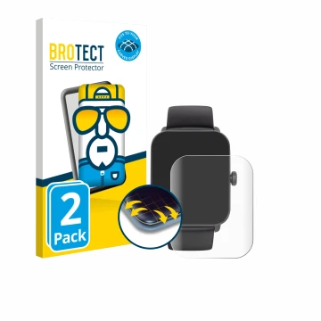 Front side of a product packaging with the brand logo BROTECT. Next to it is the device Hama Smartwatch 6010 shown with the co