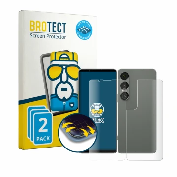 Front side of a product packaging with the brand logo BROTECT. Next to it is the device Sony Xperia 1 VII (Front+Back) shown w