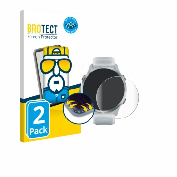 Front side of a product packaging with the brand logo BROTECT. Next to it is the device Garmin Forerunner 570 (42 mm) shown wi