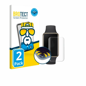 Front side of a product packaging with the brand logo BROTECT. Next to it is the device Honor Band 10 shown with the correspon