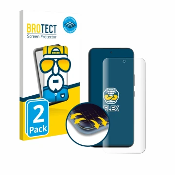 Front side of a product packaging with the brand logo BROTECT. Next to it is the device Infinix GT 30 Pro shown with the corre
