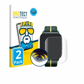 Front side of a product packaging with the brand logo BROTECT. Next to it is the device Motorola Moto watch fit shown with the