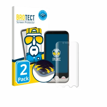 Front side of a product packaging with the brand logo BROTECT. Next to it is the device Doro Aurora A10 shown with the corresp