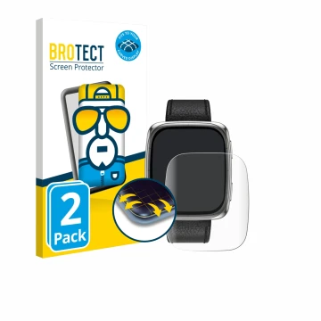Front side of a product packaging with the brand logo BROTECT. Next to it is the device Amazfit Active 2 (rectangular) shown w