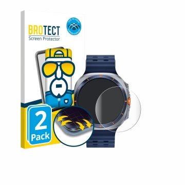 Front side of a product packaging with the brand logo BROTECT. Next to it is the device Samsung Galaxy Watch Ultra 2 (47 mm) s