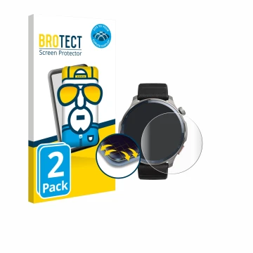 Front side of a product packaging with the brand logo BROTECT. Next to it is the device Huami Amazfit Balance 2 shown with the