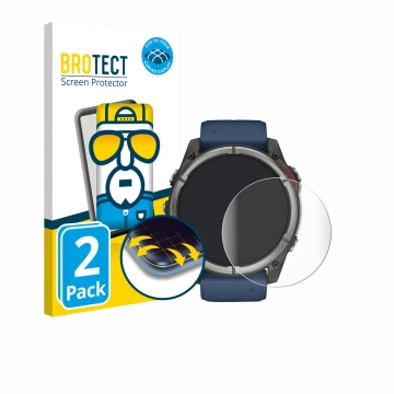 Front side of a product packaging with the brand logo BROTECT. Next to it is the device Garmin quatix 8 (51 mm) shown with the