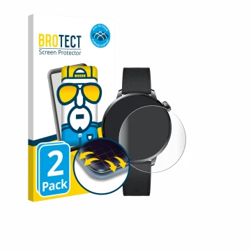Front side of a product packaging with the brand logo BROTECT. Next to it is the device OnePlus Watch 3 (43 mm) shown with the