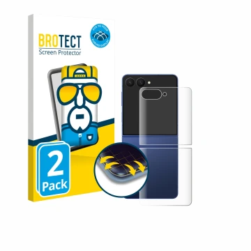 Front side of a product packaging with the brand logo BROTECT. Next to it is the device Samsung Galaxy Z Flip 7 (Back) shown w