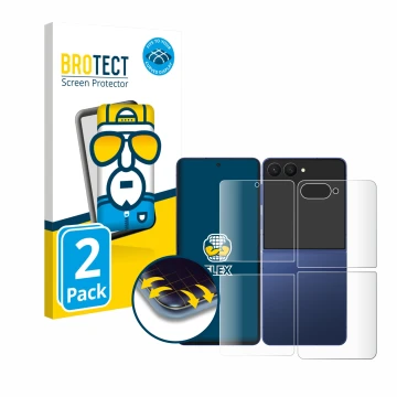 Front side of a product packaging with the brand logo BROTECT. Next to it is the device Samsung Galaxy Z Flip 7 (Front+Back) s