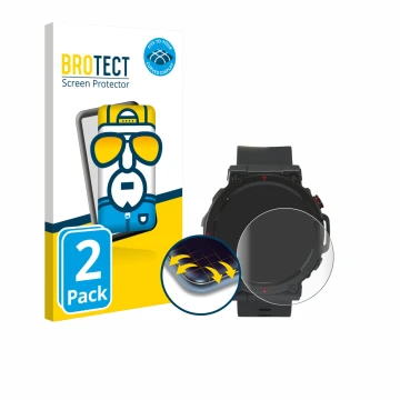 Front side of a product packaging with the brand logo BROTECT. Next to it is the device Crivit Sport-Smartwatch shown with the