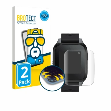 Front side of a product packaging with the brand logo BROTECT. Next to it is the device TCL Family Watch MT46 shown with the c