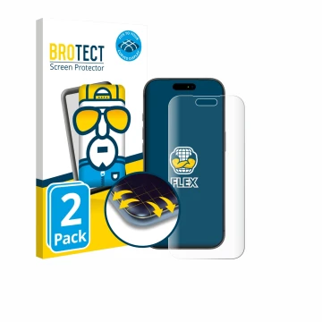 Front side of a product packaging with the brand logo BROTECT. Next to it is the device Apple iPhone 17 Pro Max shown with the