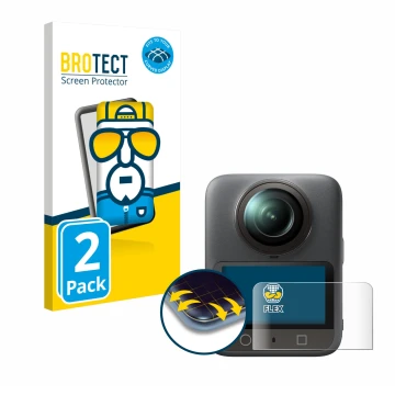 Front side of a product packaging with the brand logo BROTECT. Next to it is the device DJI Osmo 360 shown with the correspond