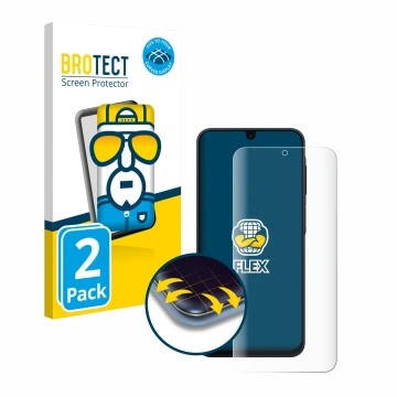 Front side of a product packaging with the brand logo BROTECT. Next to it is the device Samsung Galaxy A17 4G shown with the c