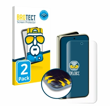 Front side of a product packaging with the brand logo BROTECT. Next to it is the device Google Pixel 10 Pro Fold shown with th