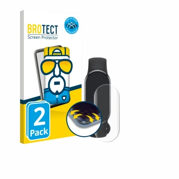 Front side of a product packaging with the brand logo BROTECT. Next to it is the device Xiaomi Smart Band 10 shown with the co