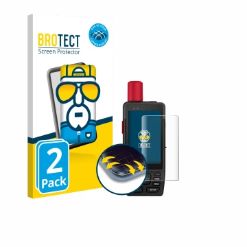 Front side of a product packaging with the brand logo BROTECT. Next to it is the device Garmin GPSMAP H1i Plus shown with the 